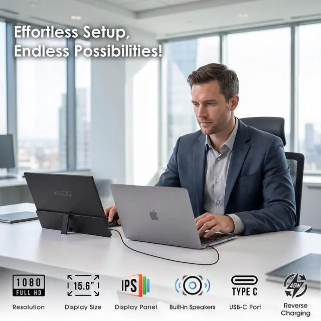 Alt view image 2 of 6 - 15.6 Inch 1080p FHD Ultra-Slim Laptop Monitor Second Display | IPS 1920x1080 Adjustable Kickstand, Screen Extender for PC, Mac, Tablet, Phone, Xbox, PS5, Switch USB-C & HDMI Connectivity