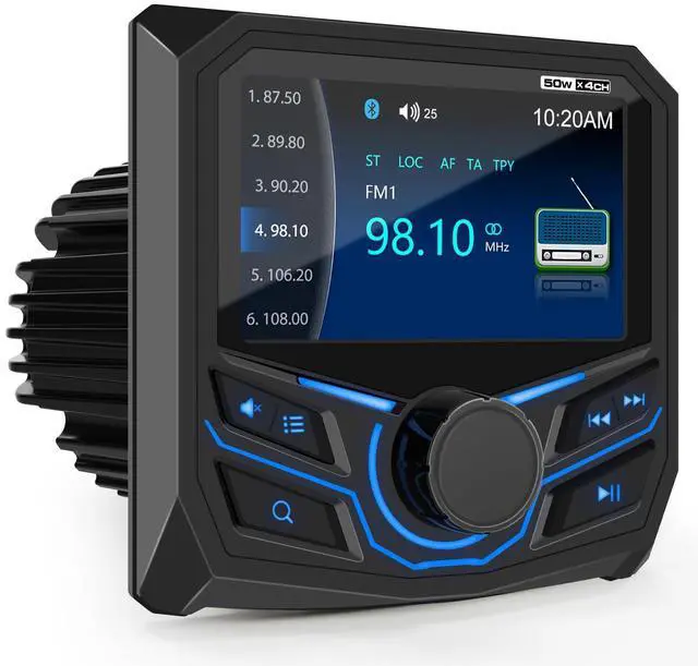 Main image of Marine Grade Bluetooth Radio Receiver - Boat Gauge Stereo Multimedia Player | 4.1 Inch LCD Display Backup Camera Input AM FM USB AUX Subwoofer Output for Golf Cart ATV UTV SXS