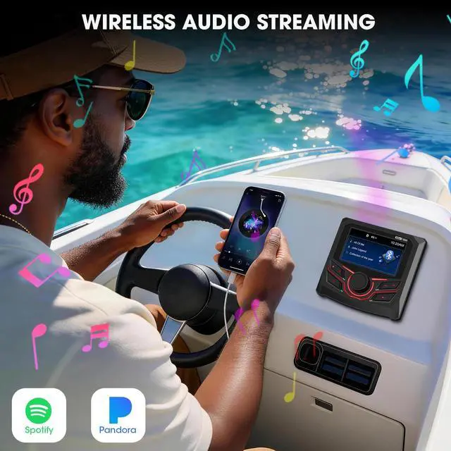 Alt view image 3 of 6 - Marine Grade Bluetooth Radio Receiver - Boat Gauge Stereo Multimedia Player | 4.1 Inch LCD Display Backup Camera Input AM FM USB AUX Subwoofer Output for Golf Cart ATV UTV SXS