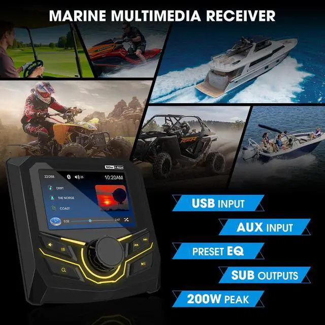 Alt view image 5 of 6 - Marine Grade Bluetooth Radio Receiver - Boat Gauge Stereo Multimedia Player | 4.1 Inch LCD Display Backup Camera Input AM FM USB AUX Subwoofer Output for Golf Cart ATV UTV SXS