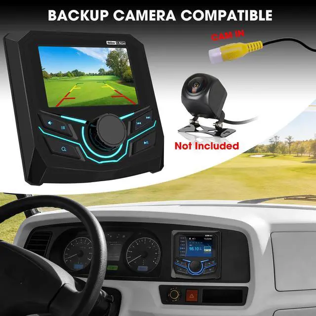 Alt view image 6 of 6 - Marine Grade Bluetooth Radio Receiver - Boat Gauge Stereo Multimedia Player | 4.1 Inch LCD Display Backup Camera Input AM FM USB AUX Subwoofer Output for Golf Cart ATV UTV SXS