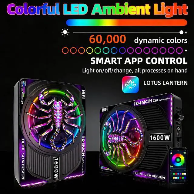 Alt view image 2 of 6 - 2026 Upgraded 1600W 10" Slim Under Seat Subwoofers with Amp & LED Ambient Lights for Truck/Car - Deep Bass, Individual Controls (LPF/Gain/Bass Boost), High Output Distortion-Free Audio