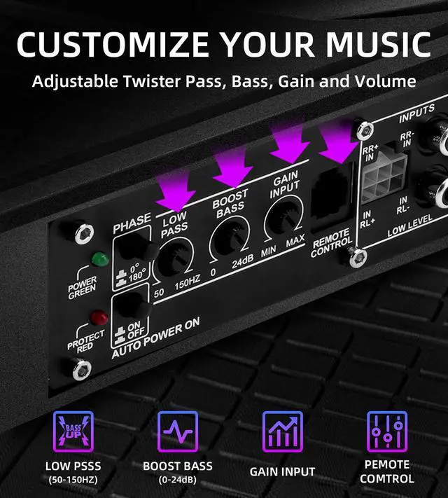 Alt view image 4 of 6 - 2026 Upgraded 1600W 10" Slim Under Seat Subwoofers with Amp & LED Ambient Lights for Truck/Car - Deep Bass, Individual Controls (LPF/Gain/Bass Boost), High Output Distortion-Free Audio