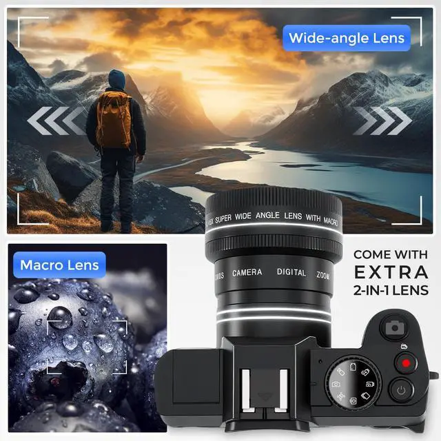 Alt view image 4 of 6 - 4K Digital Camera for Photography with Wide & Macro Lens | WiFi Connection, Flip Screen, Auto-Focus Vlog Camera with MicroSD Card, Card Reader, 2 Batteries, Strap, Webcam Function