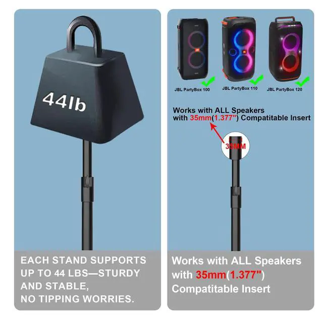 Alt view image 2 of 6 - JBL Partybox Speaker Stand, Heavy Duty Steel for 100/310 | Compatible with JBL Partybox 100/110/120/310/320/EON ONE. Reinforced base, 44 lbs capacity. Height adjustable to 36.22"