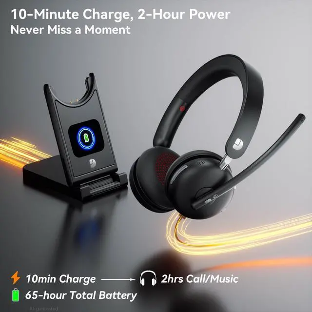 Alt view image 3 of 6 - Wireless Headset with Mic for Work-Bluetooth 5.3 Headset with Noise Cancelling, Wireless Headsets with 65Hrs Battery & 10Min Fast Charge, Smart Dock with Digital Display for PC/Computer/Teams