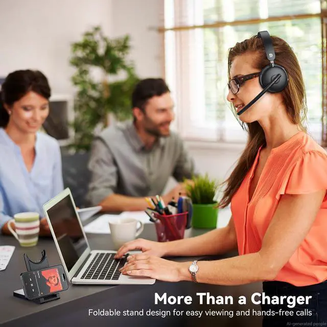 Alt view image 4 of 6 - Wireless Headset with Mic for Work-Bluetooth 5.3 Headset with Noise Cancelling, Wireless Headsets with 65Hrs Battery & 10Min Fast Charge, Smart Dock with Digital Display for PC/Computer/Teams