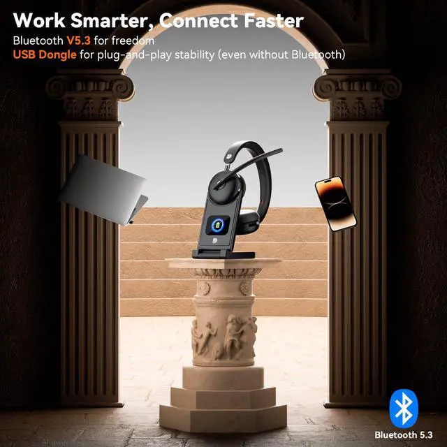 Alt view image 5 of 6 - Wireless Headset with Mic for Work-Bluetooth 5.3 Headset with Noise Cancelling, Wireless Headsets with 65Hrs Battery & 10Min Fast Charge, Smart Dock with Digital Display for PC/Computer/Teams