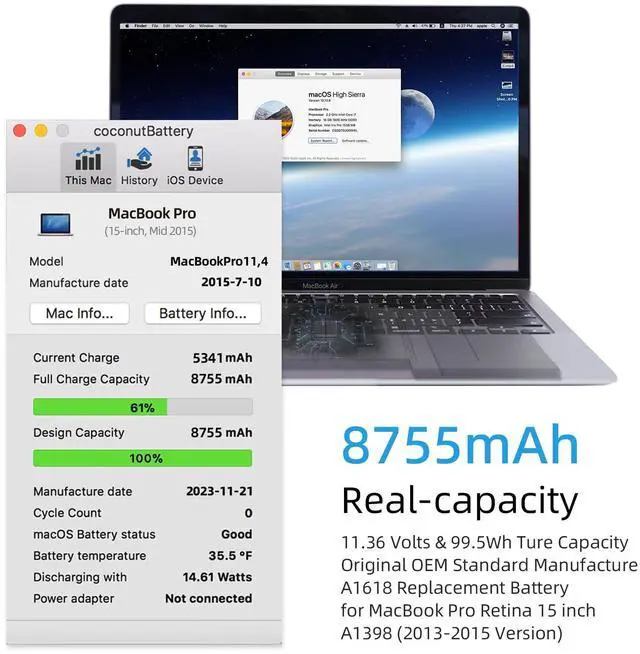 Alt view image 2 of 6 - A1398 Battery Replacement, A1618 A1494 Battery for MacBook Pro 15 inch Mid 2015 Mid 2014 Late 2013 Retina Version Model A1398 EMC 2910 2909 2881 2876 2745 2674 Capacity 11.36V 99.5Wh 8755mAh