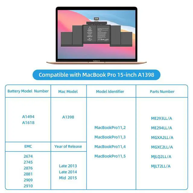 Alt view image 4 of 6 - A1398 Battery Replacement, A1618 A1494 Battery for MacBook Pro 15 inch Mid 2015 Mid 2014 Late 2013 Retina Version Model A1398 EMC 2910 2909 2881 2876 2745 2674 Capacity 11.36V 99.5Wh 8755mAh