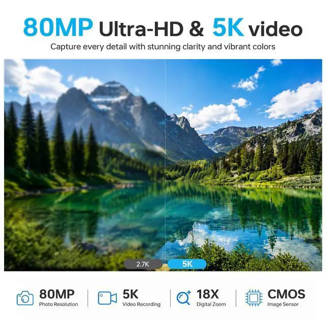 Alt view image 2 of 6 - 5K Digital Camera, 80MP 18X Autofocus Video 3.0" IPS LCD Flip Screen Vlog Camera for YouTube, 32GB SD Card USB 2.0 Detachable Rechargeable Li Battery Anti-Shake Compact Camera for Party Beginner Black