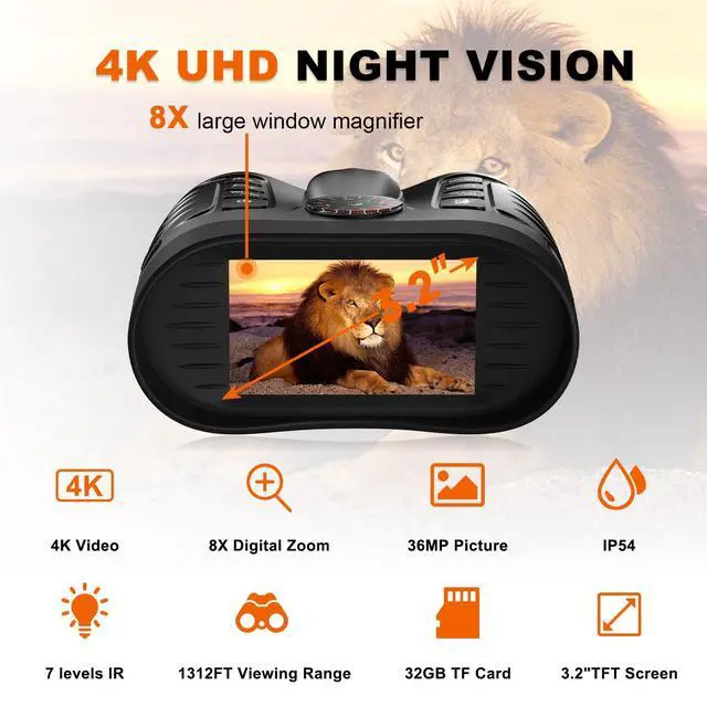 Alt view image 2 of 6 - 4K Night Vision Binoculars with Camera, 36MP Full Color Night Vision Goggles, 1314FT IR Night Vision, 3.2" Screen, Photo & 4K Video Recording for Bird Watching Camping Outdoor Exploration