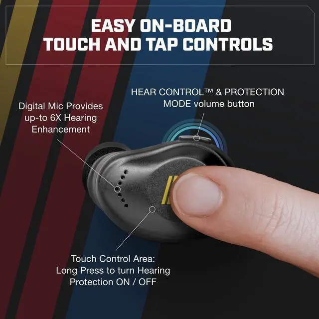 Alt view image 4 of 6 - XCOR PRO NASCAR Wireless Bluetooth Earbuds, HearPRO Hearing Protection | Touch Control, Dust & Water Resistant, Wind Resistant, True Wireless Earbuds For Hearing Protection