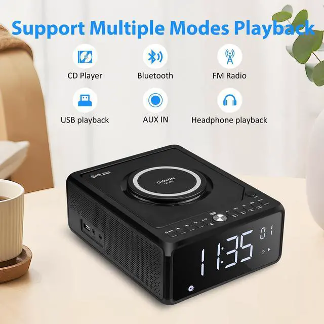 Alt view image 2 of 6 - Elegant Home CD Player, Alarm Clock with Wireless Charging, Bluetooth Boombox with Remote, FM Radio (No AM)/AUX/USB/Timer/Dimmer, Portable CD Radio Player for Home