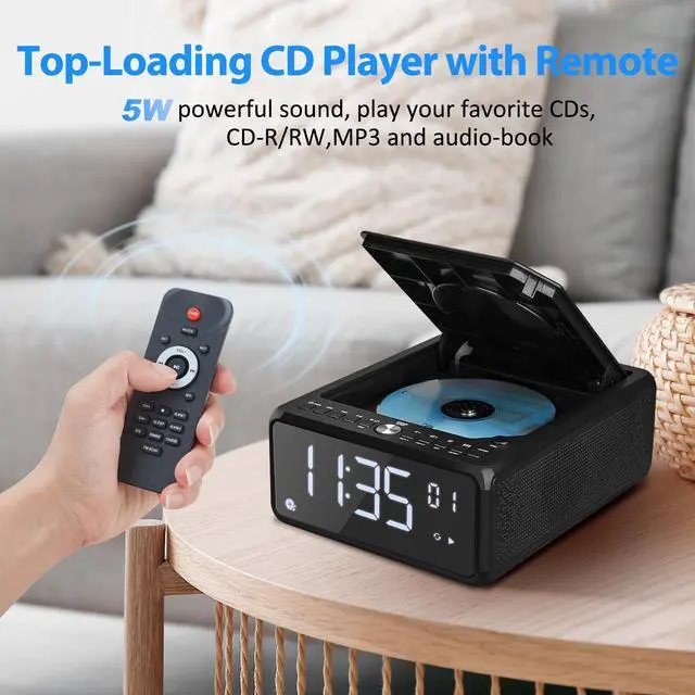 Alt view image 3 of 6 - Elegant Home CD Player, Alarm Clock with Wireless Charging, Bluetooth Boombox with Remote, FM Radio (No AM)/AUX/USB/Timer/Dimmer, Portable CD Radio Player for Home