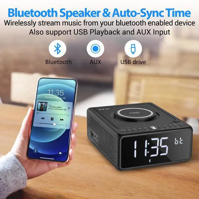 Alt view image 4 of 6 - Elegant Home CD Player, Alarm Clock with Wireless Charging, Bluetooth Boombox with Remote, FM Radio (No AM)/AUX/USB/Timer/Dimmer, Portable CD Radio Player for Home
