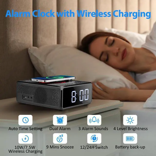 Alt view image 5 of 6 - Elegant Home CD Player, Alarm Clock with Wireless Charging, Bluetooth Boombox with Remote, FM Radio (No AM)/AUX/USB/Timer/Dimmer, Portable CD Radio Player for Home