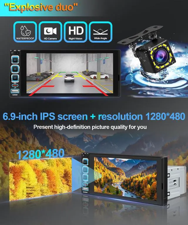 Alt view image 4 of 6 - Single Din Car Stereo:Wireless Apple CarPlay Car Radio with Bluetooth 5.2 | 6.9" IPS 1280 * 480 Capacitance Touchscreen, FM Radio,Car Audio Receicers,Night Vision,Backup Camera,Android Auto,USB Type-c