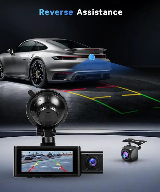 Alt view image 6 of 6 - 3 Channel Triple Dash Cam, 2.5K Front + 1080P Cabin Rear Car Camera Recorder, 3.16 Inch Screen with WiFi GPS, Low-Light Night Vision, G-Sensor, 24/7 Time-Lapse Parking Loop Recording