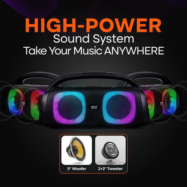 Alt view image 4 of 6 - Portable Bluetooth Speaker Boombox with Dual 5 High-Performance Wireless Speakers, 160W Power, Rechargeable Battery, Mic Priority, USB/Micro SD/AUX/FM Radio, LED Ring Light, Outdoor Speaker
