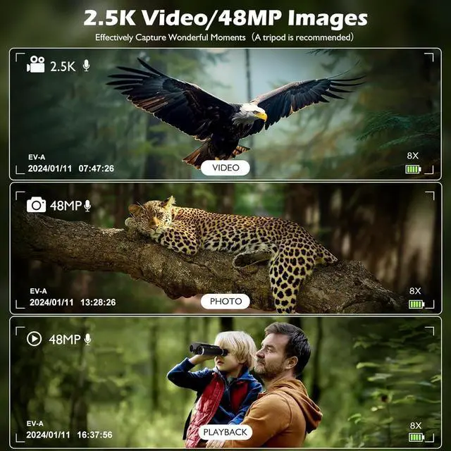 Alt view image 5 of 6 - Digital Camera Binoculars 12x32 HD 2.4 Inch 8X Zoom 2.5K Video 48MP Photo | 2.4 Inch LCD Display 48MP photo, 2.5K video recording, 32GB memory card, great for bird watching, concerts