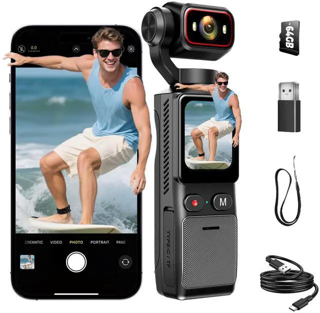 Main image of 4K Pocket Vlogging Camera Wifi, Portable Handheld POV Cam with64G | 4k HD Recording, 1.69Inch Color Touchscreen, 6-Axis Image Stabilization, 150° Wide-Angle Lens,Content Creator Cam for Travel