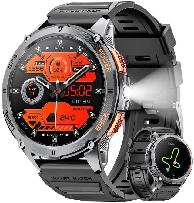 Main image of Military Smart Watches for Men with GPS, 1.43" AMOLED Bluetooth Call Smartwatch with LED Flashlight, Smart Watch for Android iOS, IP68 Waterproof Fitness Tracker with Heart Rate (Black)