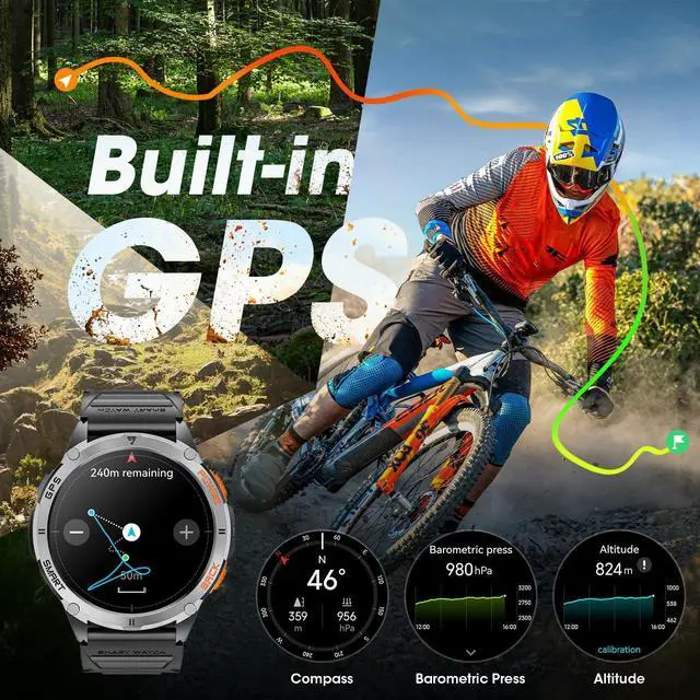 Alt view image 2 of 6 - Military Smart Watches for Men with GPS, 1.43" AMOLED Bluetooth Call Smartwatch with LED Flashlight, Smart Watch for Android iOS, IP68 Waterproof Fitness Tracker with Heart Rate (Black)