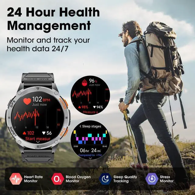 Alt view image 4 of 6 - Military Smart Watches for Men with GPS, 1.43" AMOLED Bluetooth Call Smartwatch with LED Flashlight, Smart Watch for Android iOS, IP68 Waterproof Fitness Tracker with Heart Rate (Black)