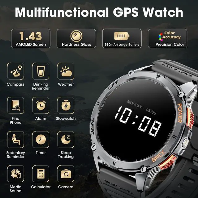 Alt view image 6 of 6 - Military Smart Watches for Men with GPS, 1.43" AMOLED Bluetooth Call Smartwatch with LED Flashlight, Smart Watch for Android iOS, IP68 Waterproof Fitness Tracker with Heart Rate (Black)