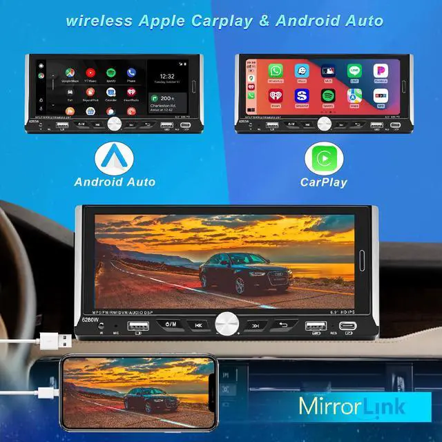 Alt view image 2 of 6 - Single Din Car Radio Compatible with Wireless Apple CarPlay,6.9''Car Stereo | IPS Touchscreen,Bluetooth,FM AM Radio,GPS Navigation,Type-C/Dual USB 2.1A Fast Charge/Rear View Camera,MP5