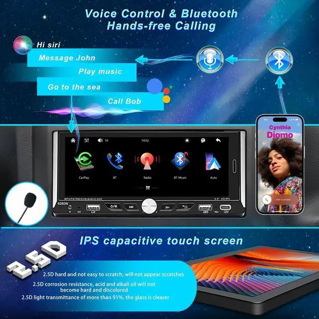 Alt view image 3 of 6 - Single Din Car Radio Compatible with Wireless Apple CarPlay,6.9''Car Stereo | IPS Touchscreen,Bluetooth,FM AM Radio,GPS Navigation,Type-C/Dual USB 2.1A Fast Charge/Rear View Camera,MP5
