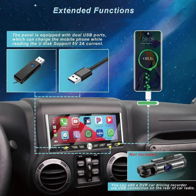 Alt view image 6 of 6 - Single Din Car Radio Compatible with Wireless Apple CarPlay,6.9''Car Stereo | IPS Touchscreen,Bluetooth,FM AM Radio,GPS Navigation,Type-C/Dual USB 2.1A Fast Charge/Rear View Camera,MP5