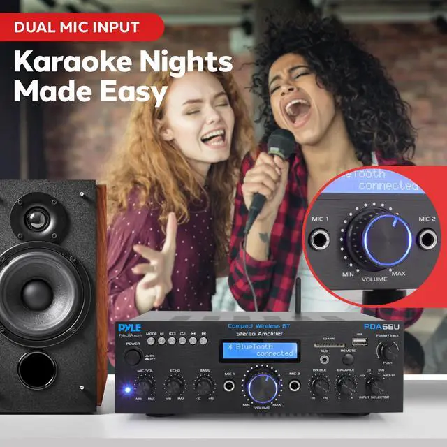 Alt view image 4 of 6 - Bluetooth Power Amplifier - 200W Dual Channel Stereo Receiver w/ Easy Karaoke - Mic In w/ Echo, USB-A mp3 Player, Aux, RCA - PDA6BU.7