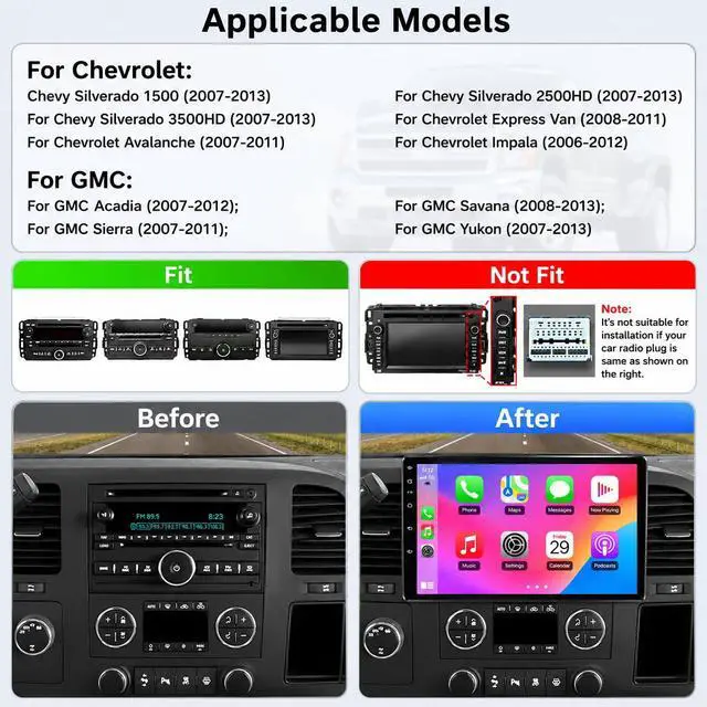 Alt view image 2 of 6 - Car Stereo Radio for Chevy Silverado & GMC 2007-2013 10.2 Inch with CarPlay | 2+64GB, Android 13 Radio for Silverado 1500/GMC Sierra with Android Auto/Backup Camera/GPS Navigation/Bluetooth/WiFi/SWC