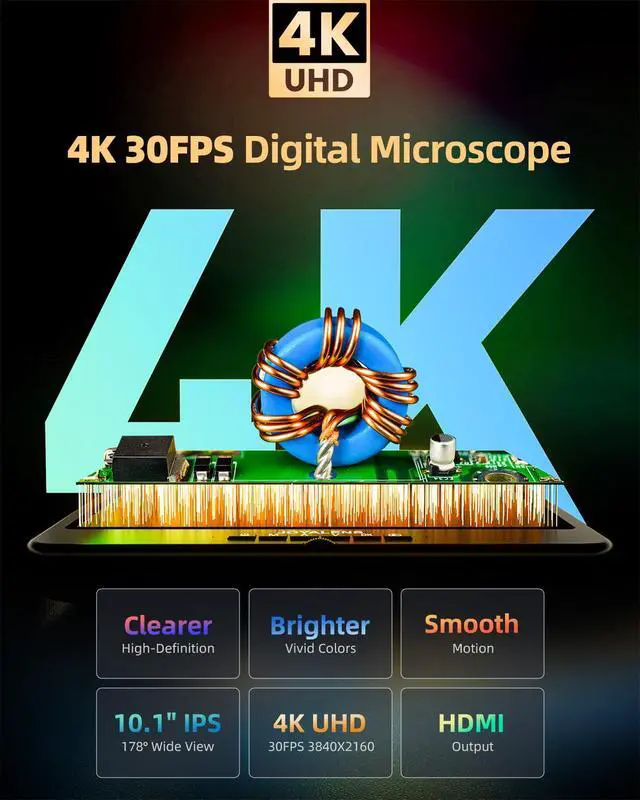 Alt view image 3 of 6 - 4K 30FPS HDMI Digital Microscope with 10.1" Screen, JL208S 4K Soldering Microscope Camera for Electronics, UHD 3840P Video Audio, Coin Magnifier Full View for Adults, 12.6'' Metal Stand 8 LED, 64GB
