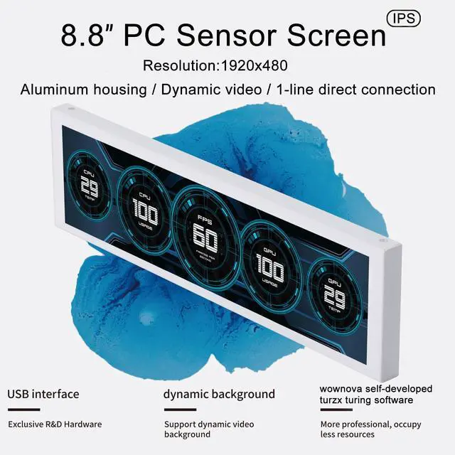 Alt view image 2 of 6 - 8.8" Computer Temp Monitor (Dynamic Theme Supported), 1 Click 1 Cable to Get Started Quickly PC Temperature Display Sensor Panel IPS Mini Secondary Screen CPU RAM HDD Data FPS Monitor (Black)