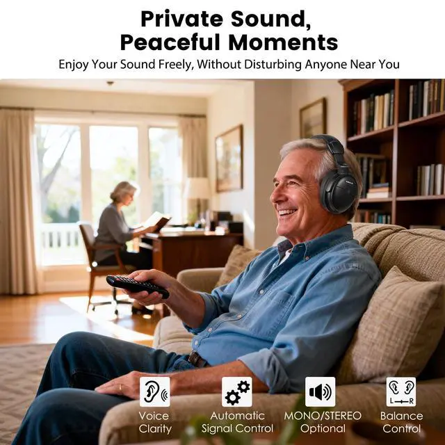 Alt view image 2 of 6 - TV Headphones Wireless for Seniors with Transmitter, 3 Tone Modes with Clear Dialog, RF & Bluetooth Headphones for TV Watching, Zero Audio Delay, 164FT/50M Range, Optical, RCA, AUX Support