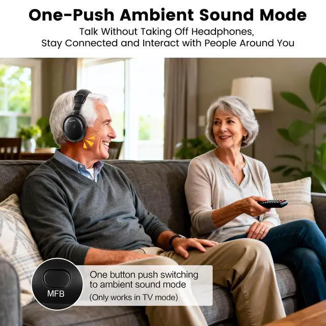 Alt view image 5 of 6 - TV Headphones Wireless for Seniors with Transmitter, 3 Tone Modes with Clear Dialog, RF & Bluetooth Headphones for TV Watching, Zero Audio Delay, 164FT/50M Range, Optical, RCA, AUX Support