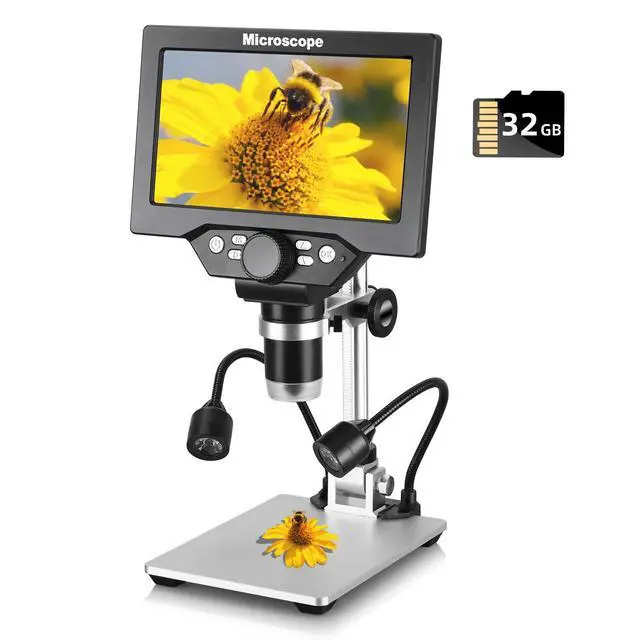 Main image of 7" 12MP Digital Microscope, 1200X Magnification, 1080P USB Camera, 32GB TF Card, PC View, Rechargeable, LED Lights for Coin/PCB/Jewelry/Plant/Rock Inspection