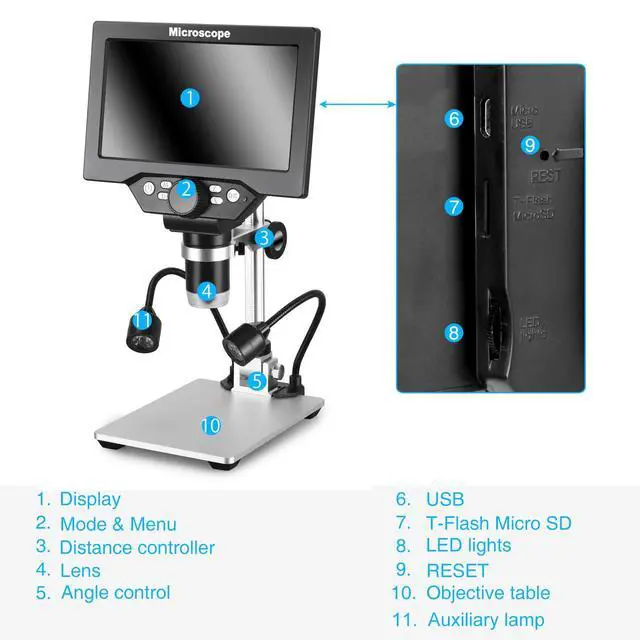 Alt view image 5 of 6 - 7" 12MP Digital Microscope, 1200X Magnification, 1080P USB Camera, 32GB TF Card, PC View, Rechargeable, LED Lights for Coin/PCB/Jewelry/Plant/Rock Inspection
