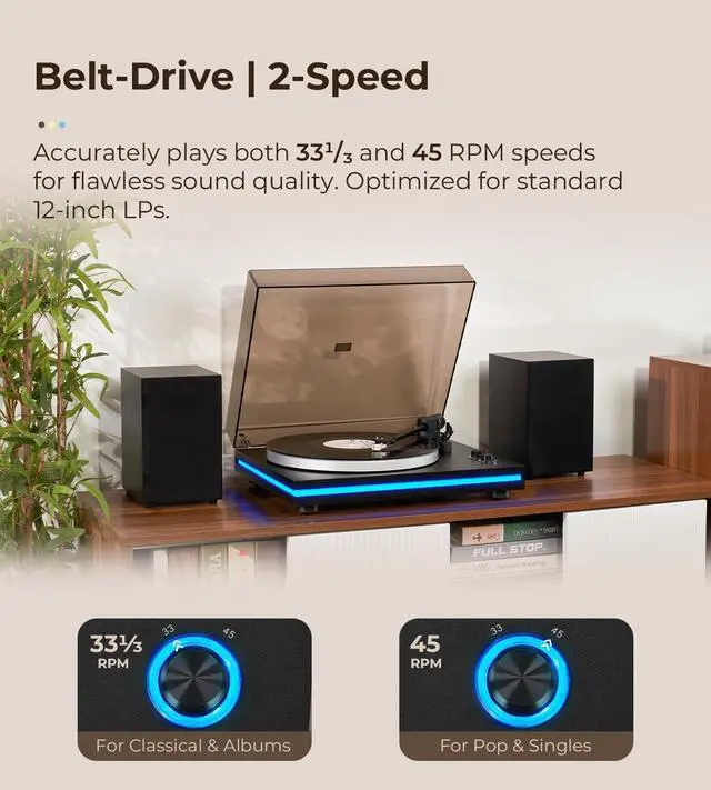 Alt view image 5 of 6 - Vinyl Record Player with 40W Speakers, Belt-Drive Stereo Turntable, Magnetic Cartridge AT-3600L, Aluminum Platter, Hi-Fi, 2 Speed, LED Lighted Modern Bluetooth Turntable for Vinyl, Black