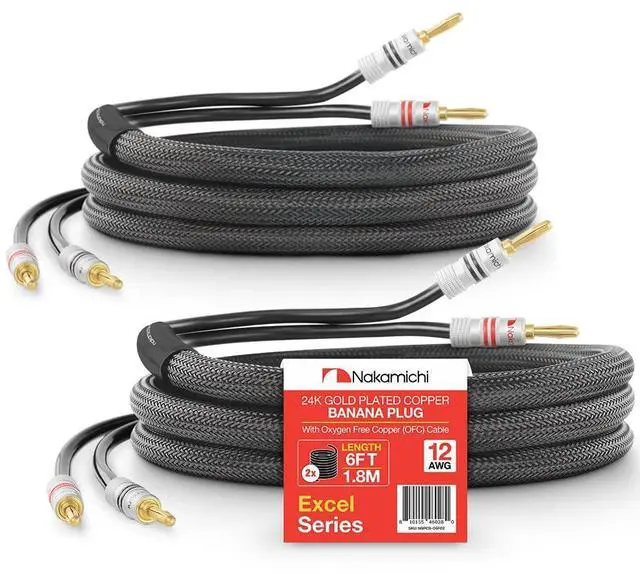 Main image of 24k Gold Plated Banana Plugs Speaker Cables 99.9% OFC (6 Feet) | Oxygen-Free Copper, Excel Series, Amplifier Heavy Duty Braided In-Wall CL2 Rated Wires - Black (12AWG / 6ft / 1.8m) 2-Pack