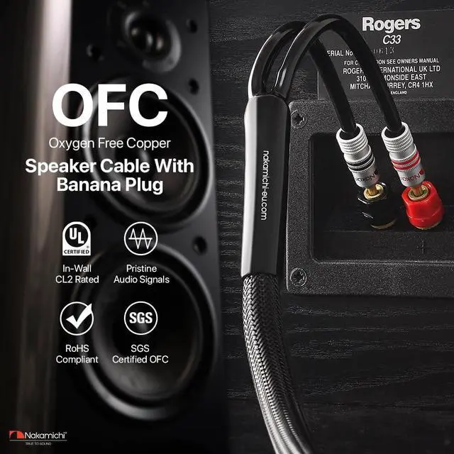 Alt view image 5 of 6 - 24k Gold Plated Banana Plugs Speaker Cables 99.9% OFC (6 Feet) | Oxygen-Free Copper, Excel Series, Amplifier Heavy Duty Braided In-Wall CL2 Rated Wires - Black (12AWG / 6ft / 1.8m) 2-Pack
