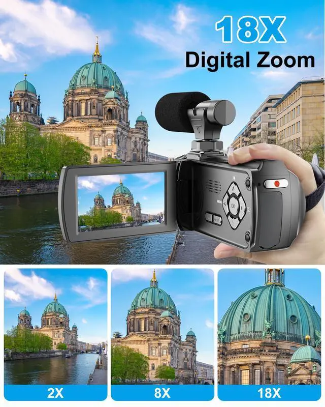 Alt view image 2 of 6 - 4K Video Camera Camcorder 48MP 60FPS UHD for YouTube Vlogging 18X Digital Zoom 3" IPS 270° Flip Screen Video Camcorder with Wireless Lavalier Microphone, 32GB SD Card, 2 Batteries and Remote Control