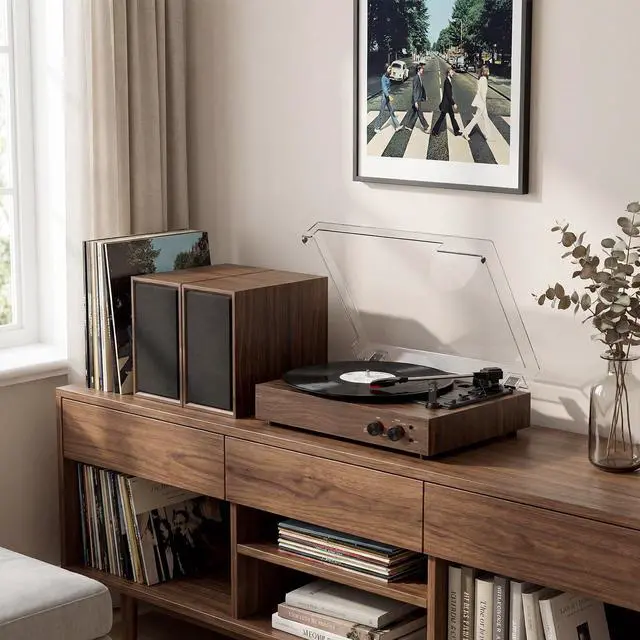 Alt view image 4 of 6 - Vinyl Record Player with External Speakers, Vintage 3-Speed Turntable with Dual Speakers, Bluetooth Music Playback, MP3 PC Recoding, AUX Input Headphone Jack and RCA Out, Classic Walnut