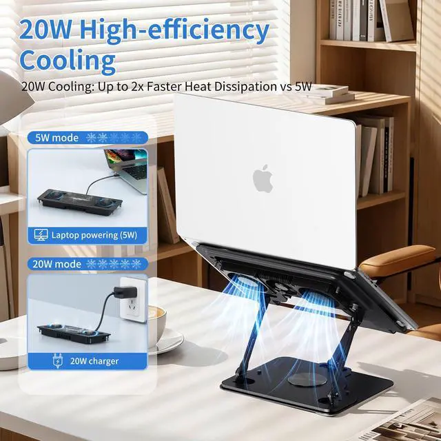 Alt view image 4 of 6 - Laptop Cooling Pad with Detachable Fan & Cooler, 2-in-1 Laptop & Phone Stand, Adjustable Angle, 360° Rotatable Base, Carbon Steel, Ultra-Quiet & Super Sturdy for Laptop (Black)