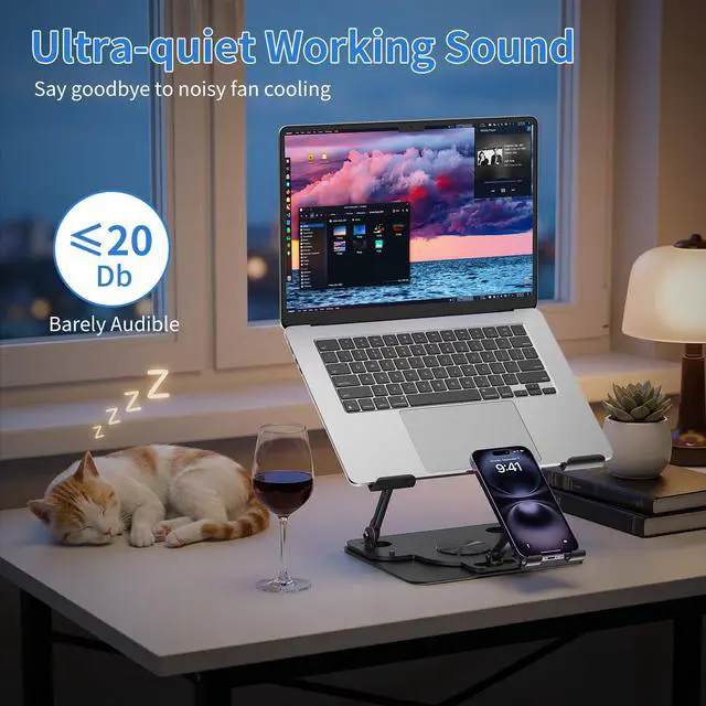 Alt view image 6 of 6 - Laptop Cooling Pad with Detachable Fan & Cooler, 2-in-1 Laptop & Phone Stand, Adjustable Angle, 360° Rotatable Base, Carbon Steel, Ultra-Quiet & Super Sturdy for Laptop (Black)