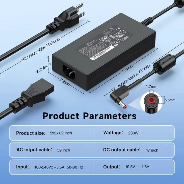 Alt view image 4 of 6 - 230W Charger Compatible with Acer Predator Helios Nitro | 19.5V 11.8A AC Adapter. Fits 5 14-17, 300 500, Triton, ConceptD, Neo. Replaces PH315 AN515 AN517 5.5x1.7mm tip