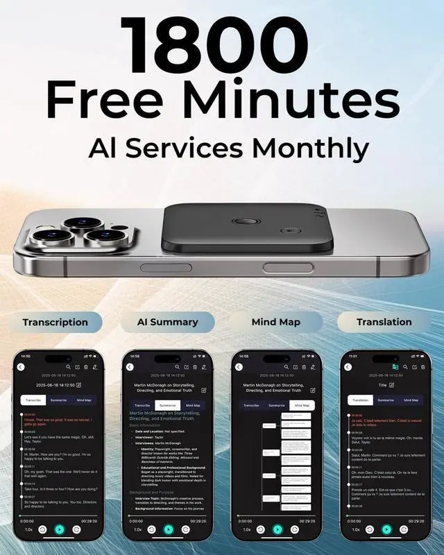 Alt view image 2 of 6 - FoCase Note AI Voice Recorder, Transcribe & Summarize, Translation, APP Control with Chat GPT, Magnetic, 64GB Memory, Support 112 Languages, Audio Recorder for Phone Calls, Lectures, Meetings